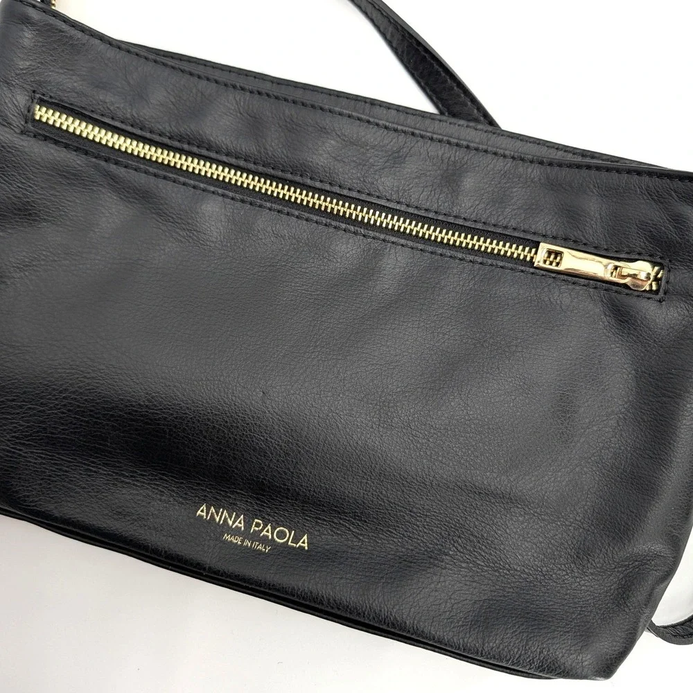 Anna Paola Black Woven Leather Crossbody Bag Made in Italy Gold Hardware